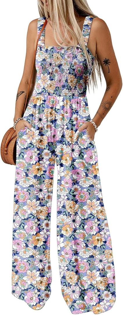 Dokotoo Women's Casual Loose Overalls Jumpsuits One Piece Sleeveless Printed Wide Leg Long Pant Rompers With Pockets (Large, Purple)