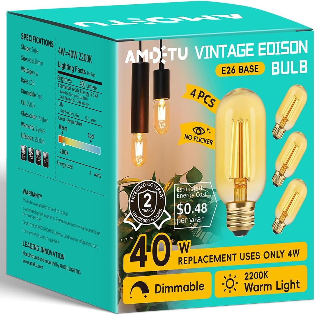 AMDTU LED Edison Bulbs 40 Watt Equivalent Dimmable, Straight Filament Vintage 4W E26 Bulb, Warm Yellow 2200K Amber Glass Tubular Light Bulbs, AC120V, 400LM, UL Listed, 4 Pack