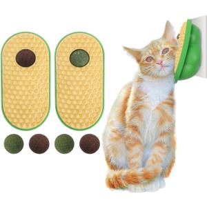 SEVENKA 2 Cat Toys Self-Grooming Cat Brush with 3 Catnip Balls & 3 Gall Fruit, Kitty Kitten Scratcher Self Groomer Catnip Toys for Indoor Cats, Chew Toys Wall Corner Brushes Edible Wall Treats, Yellow