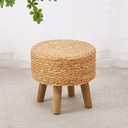 Cpintltr Round Ottoman Natural Seagrass Footstool Hand Weave Water Hyacinth Poufs Eco Friendly Sofa Foot Stool Soft Step Stool Padded Foot Rest with Pine Legs for Living Room (Natural)