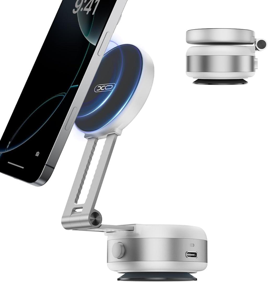 Electric Vacuum Magnetic Suction Phone Holder,XO Adjustable and Foldable Car Mount,Strong Magnetic Car Phone Holder for iPhone16/15/14/13/12,for Shower/Car/MirrorLight Grey
