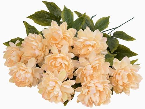 Artflower 10 Pcs Artificial Silk Dahlia Bouquet with Long Stem, 15” Champagne Fake Flower Floral Arrangements Wedding Bridal Bouquet for Autumn Thanksgiving Festival Table Centerpieces Home Decor