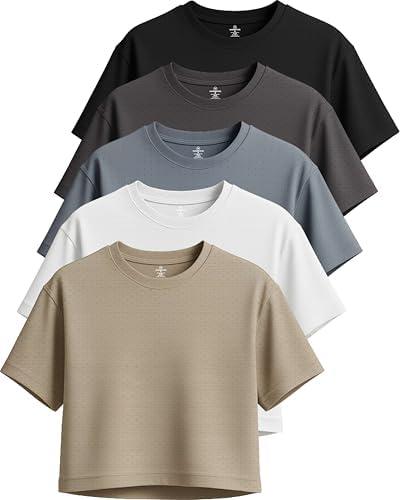 Real Essentials 5 Pack: Women's Dry-Fit Breeze Tech Crop Tops – Short Sleeve Athletic Workout, Yoga Tees M