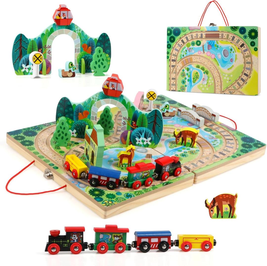 Joqutoys 18 Piece Train Set for Toddlers, Wooden Take-Along Tabletop Railroad for Kids Age 3+, Portable Durable Train Tracks Train Toys with 4 Trains, Bridge, Play Pieces