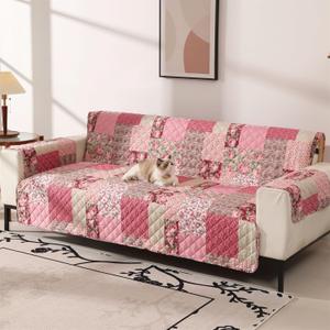Skidproof Sofa Cover-Patchwork Sofa Slipcover with Elastic Straps-Easy Fit Slip Cover-Washable Furniture Protector for Pets and Kids(Loveseat,Hot Pink)