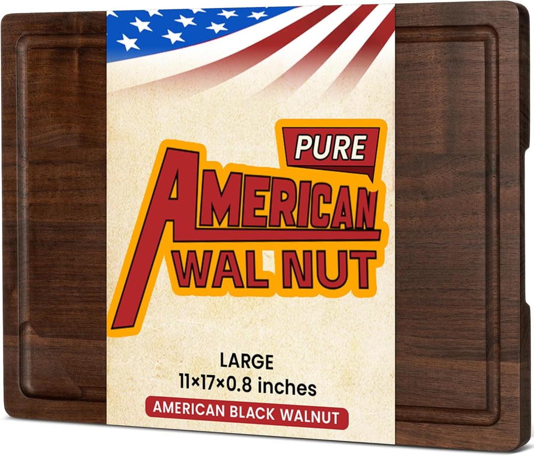Heimlove Walnut Wood Cutting Board for Kitchen, 17"x11" Reversible Wooden Chopping Board with Deep Juice Grooves and Handles, Natural Walnut Wood Cutting Board for Chopping, Cheese, Vegetables