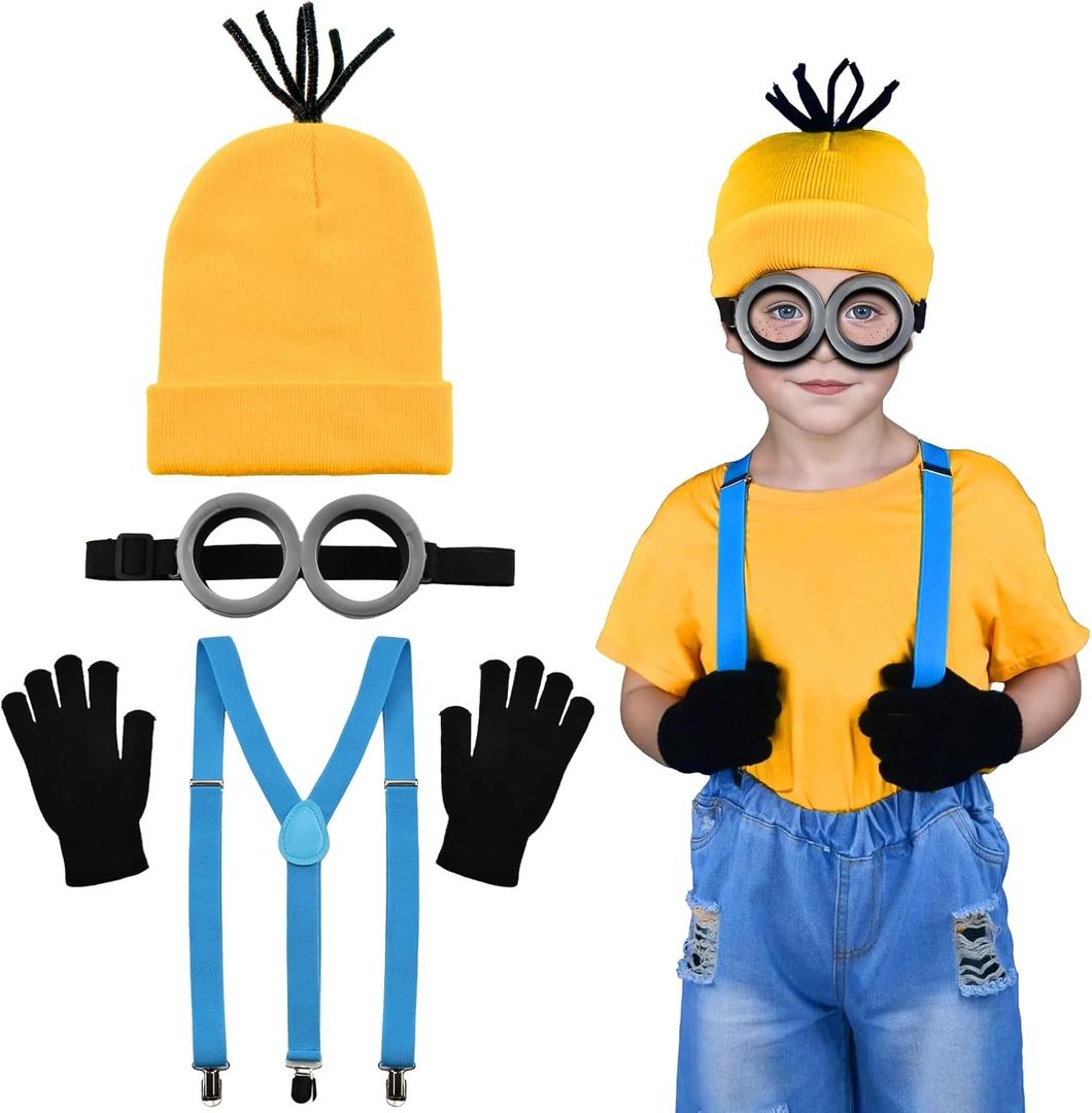 BUUFAN 4Pcs Halloween Costume Accessories Kids Steampunk Goggles Glasses Blue Y-Back Suspenders Yellow Beanie Hats Black Gloves Perfect for Birthday Party and Halloween Cosplay Party