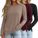 Huukeay 3 Pack Women's Long Sleeve Shirts with Thumb Holes, Cotton Casual Crew Neck Tunic Tops Fall Loose Y2k Trendy Outfits (Medium, Burgundy, Light Khaki)