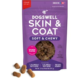 Dogswell Skin & Coat Soft & Chewy Dog Treats, Salmon, 14 oz. Pouch, BB: 02/13/2028, 4 Pack