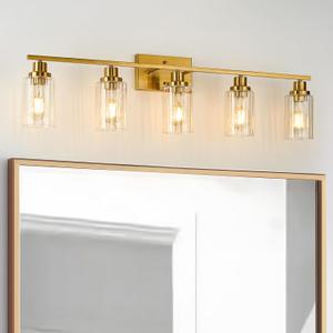 Jonsi Gold 5-Light Bathroom Vanity Light with Glass Shade, Modern Gold Bathroom Lights Over Mirror, W 40.2 x H 10.7 inches (5 Light 40.2 Inch)