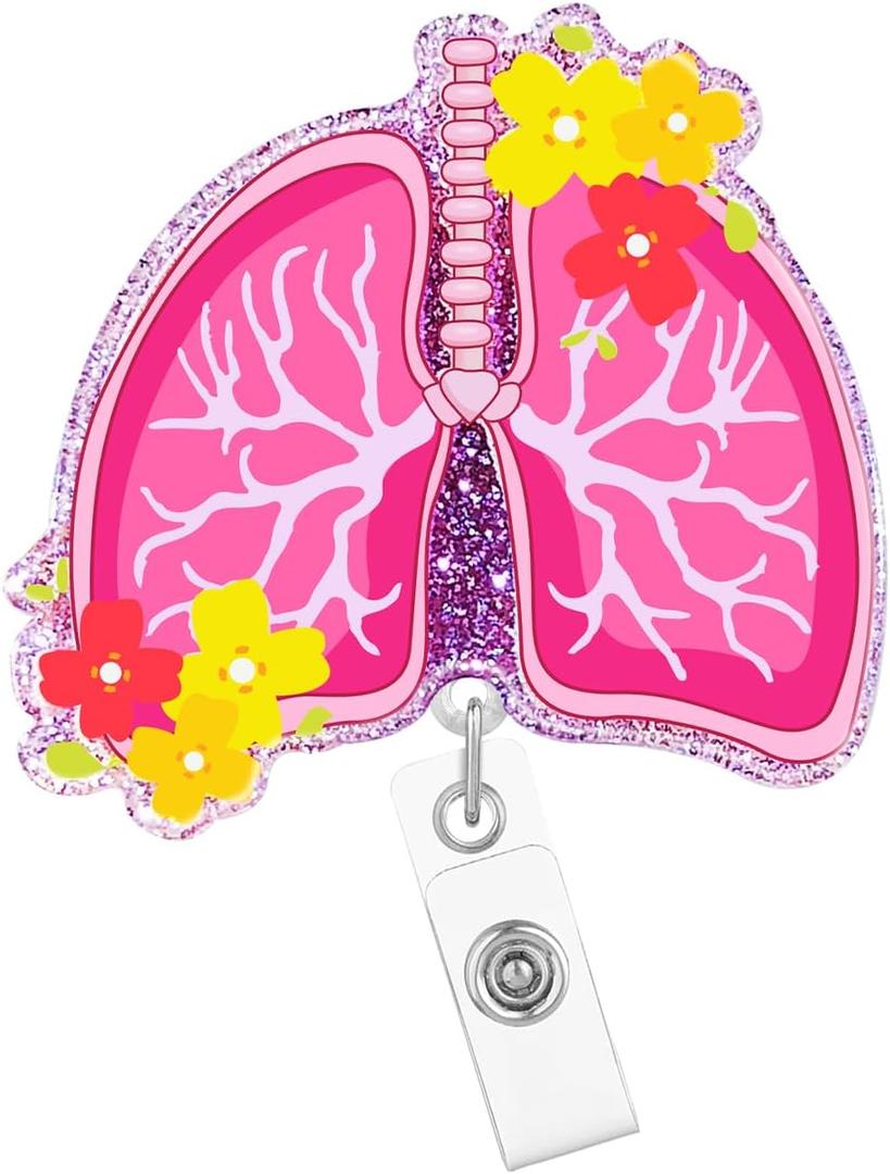 Pink Lung Badge Reel Retractable Respiratory Therapist Nurse RT Nursing Badge Holder with ID Clip Accessories Medical Assistant Funny RN CNA Glitter Acrylic Name Badge Clip Doctor Card C1Pn