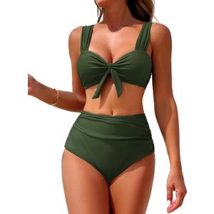 ZAFUL High Waisted Bikini Sets for Women Swim Suits 2025 Tummy Control Ruched Bikini Two Piece Bathing Suit Swimwear (Large, Army Green)