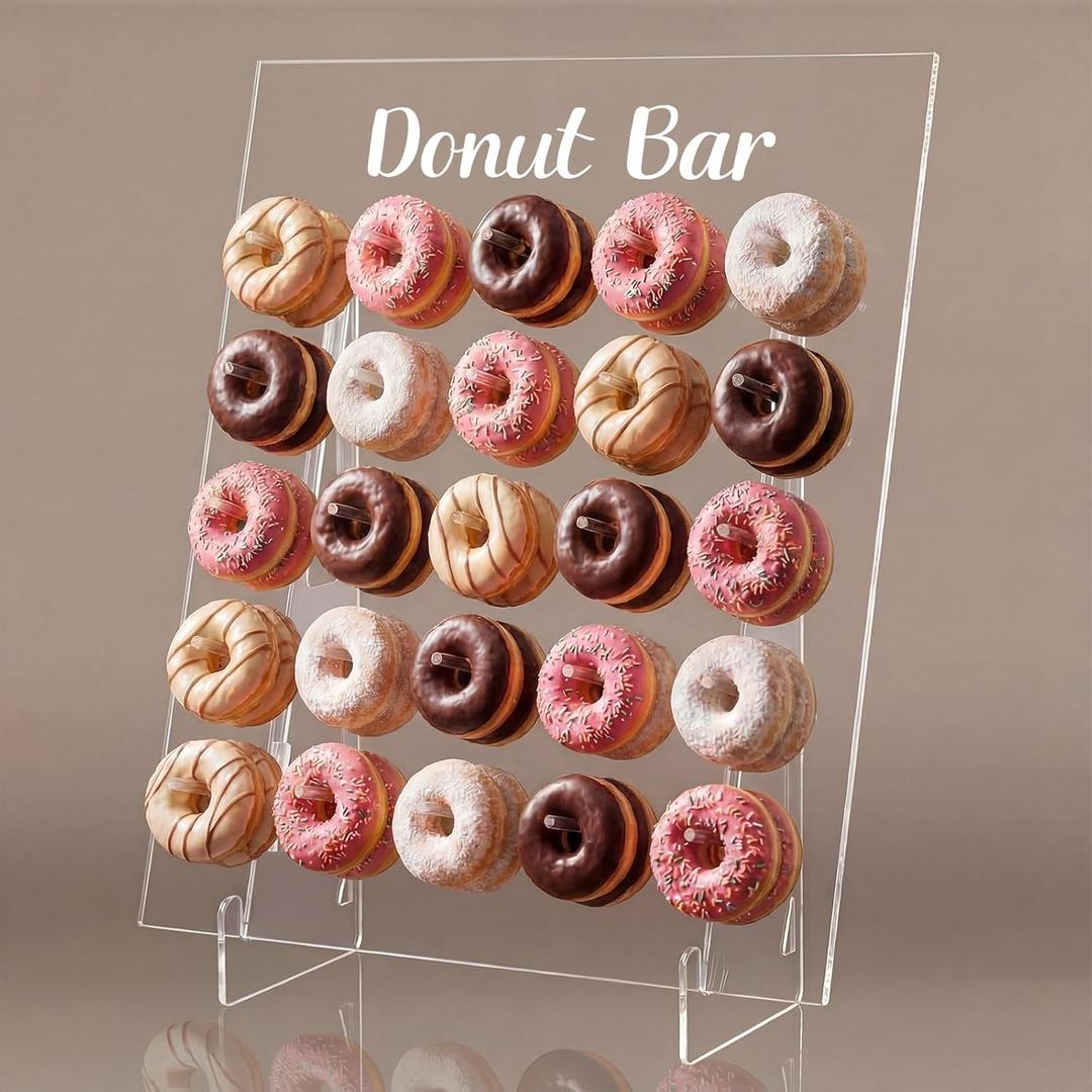 Vicenpal 1 Pack Large Donut Wall Display Stand Holds 50 Donuts Clear Acrylic Board Display Reusable Bagels Holders for Party Wedding Baby Shower Birthday Holiday Festival Decor, 22" L x 8" W x 28" H