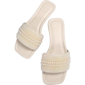 OYOANGLE Women's Pearl Beaded Single Band Square Open Toe Flat Sandals Elegant Casual Leather Slides Slippers (8, Beige)