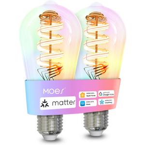 MOES Matter WiFi ST64 Edison Smart Bulbs, Color Changing Light Bulb, 16 Million RGB Colors & Tunable White, Works with Apple Home, Alexa, Google Home, E26 Dimmable 5W (40W Equivalent), 2-Pack