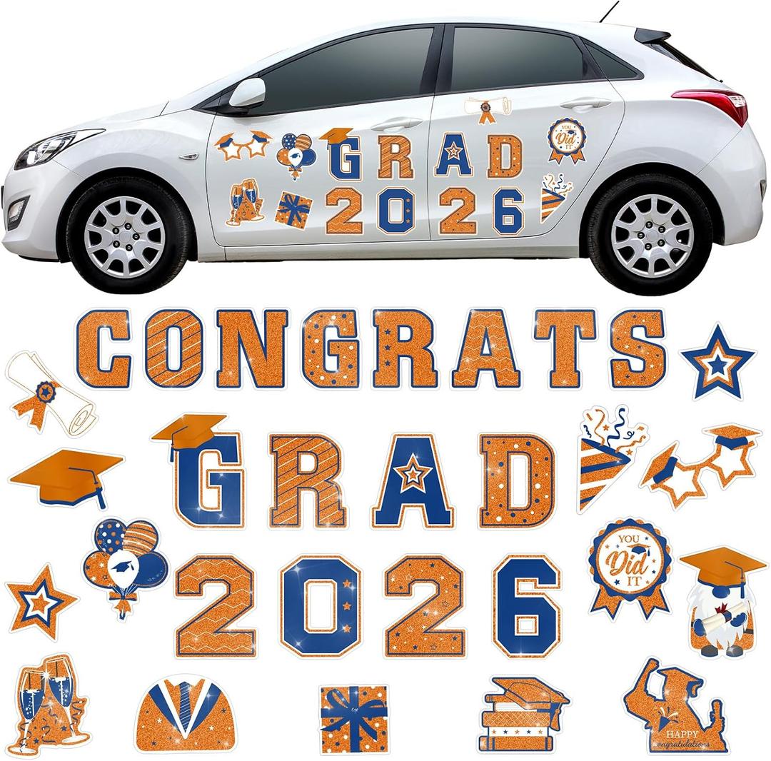 Landhoow 30 Pcs Graduation Car Magnets 2026 Senior Graduation Car Decoration Bumper Sticker Congrats Grad Magnet Magnetic Refrigerator Decal for Grad Parade Party Supplies(Orange, Blue)