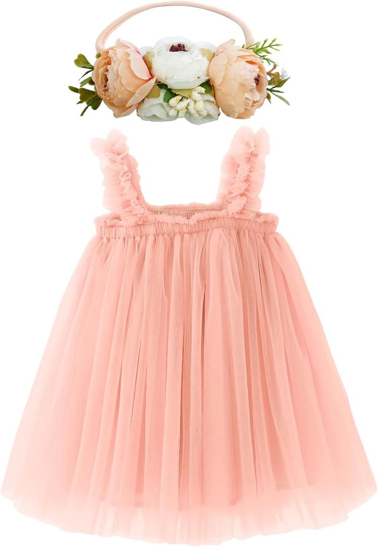 BGFKS Layered Tulle Tutu Dress for Toddler Girls,Baby Girl Rainbow Tutu Princess Skirt Set with Flower Headband. (9 Months, Peach)