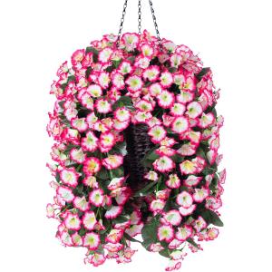 Artificial Hanging Flowers in Basket Fake Plant for Outside, Silk Pink Morning Glory Flower Arrangement for Outdoor Decor, UV Resistant Realistic Floral Planter for Porch Patio Balcony