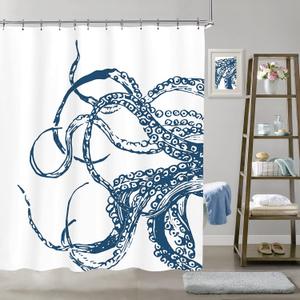 Octopus Shower Curtain 72Wx72H Inch Navy Blue Ocean Kraken Giant Tentacles Sea Creatures Mythical Nautical Animal Fabric Waterproof Bathroom Home Decor Set 12 Plastic Hooks