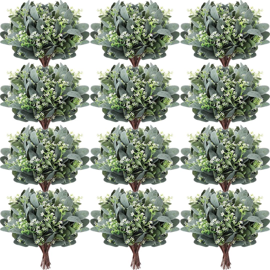 Janinka 100 Pcs Mixed Eucalyptus Leaves Stems Bulk Artificial Eucalyptus Leaves with White Seeds Artificial Silver Dollar Sprays Faux Oval for Floral Wreath Bouquets Wedding Greenery Decoration