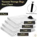 CasaZX Vacuum Storage Bags  12 Pack with Hand Pump | Space Saver Compression Bags for Clothes & Bedding | Extra Thick, Airtight Double-Zip, Triple-Valve | Reusable Storage (Jumbo/Large/Medium)