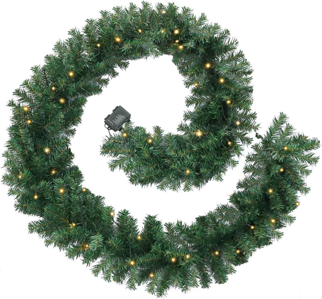 9FT Pre-Lit Christmas Garland with 50 LED Lights, 220 Lush Green Branches Battery Operated, 8 Modes IP44 Waterproof Timer, Warm White for Indoor Outdoor Holiday Mantle Stair Decor