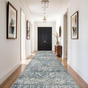 4x10 Washable Hallway Runner Rug - Wide Kitchen Runners Vintage Low Pile Carpet Soft Thin Floor Runner with Rubber Backing for Entryway Bedroom Living Room Home Decor (Blue)