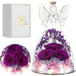 Ocosy Mothers Day Rose Gifts for her, Large Angel Rose Gifts for Women, Forever Real Roses in Angel Figurines, Angel Guardian with Roses Flower, Purple