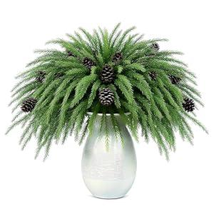12 Pcs Christmas Norfolk Pine Stems with Pine Cones, 18" Norfolk Pine Artificial Branches Greenery Christmas Stems Picks DIY Crafts Faux Xmas Branches for Garland Home Decoration Indoor Outdoor Decor
