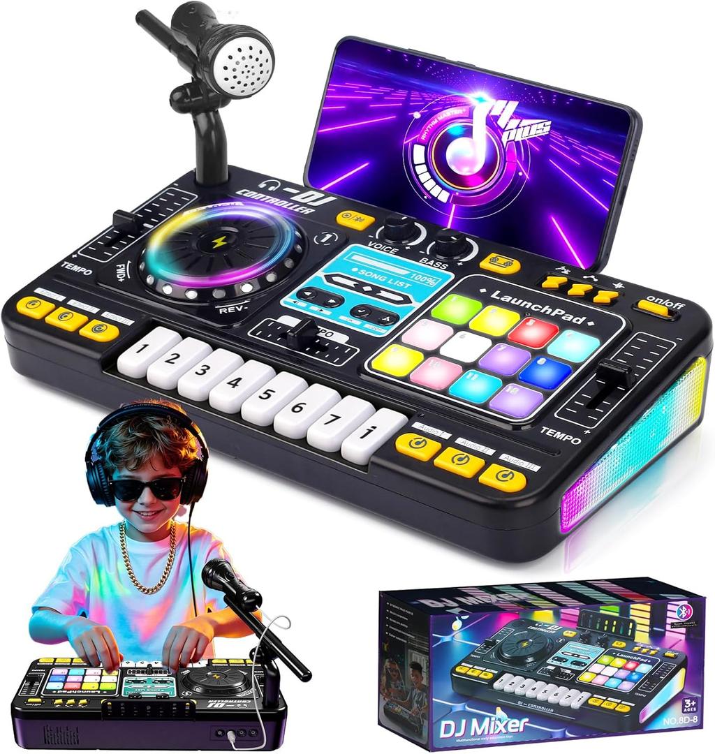 Kids DJ Mixer Controller Table Musical Toy with LED Lights Sound Effect Microphone Piano DJ Mixer Board Music Toys for Kids, Birthday Gift Toys for 3 4 5 6 7 Year Old Boy Girl