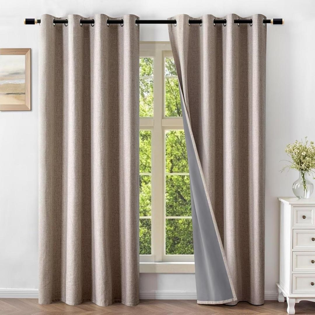 Linen Curtains 84 Inch Length 2 Panels Set, 100% Blackout Curtains Textured Thermal Insulated, Grommet Light Blocking Drapes for Living Room Bedroom Luxury Decor(52W  84L inch, Linen)