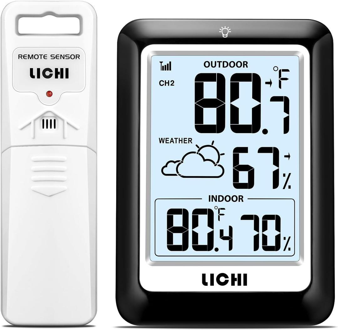 Indoor Outdoor Thermometer Wireless Weather Station, Internal External Thermometer Hygrometer, Home Batteryoperated Temperature Humiditymonitors330 Feet (About 100 Meters) Backlight Display (Black)
