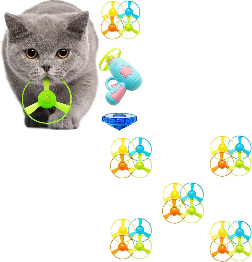 Cat Fetch Toy, Interactive Flying Cat Toy with 1 Light Up Spinning Tops, 1 LED Flying Propellers and 24 Flying Propellers, Dog Cat Kitten Tracks Toy for Training Hunting Chasing(Blue)