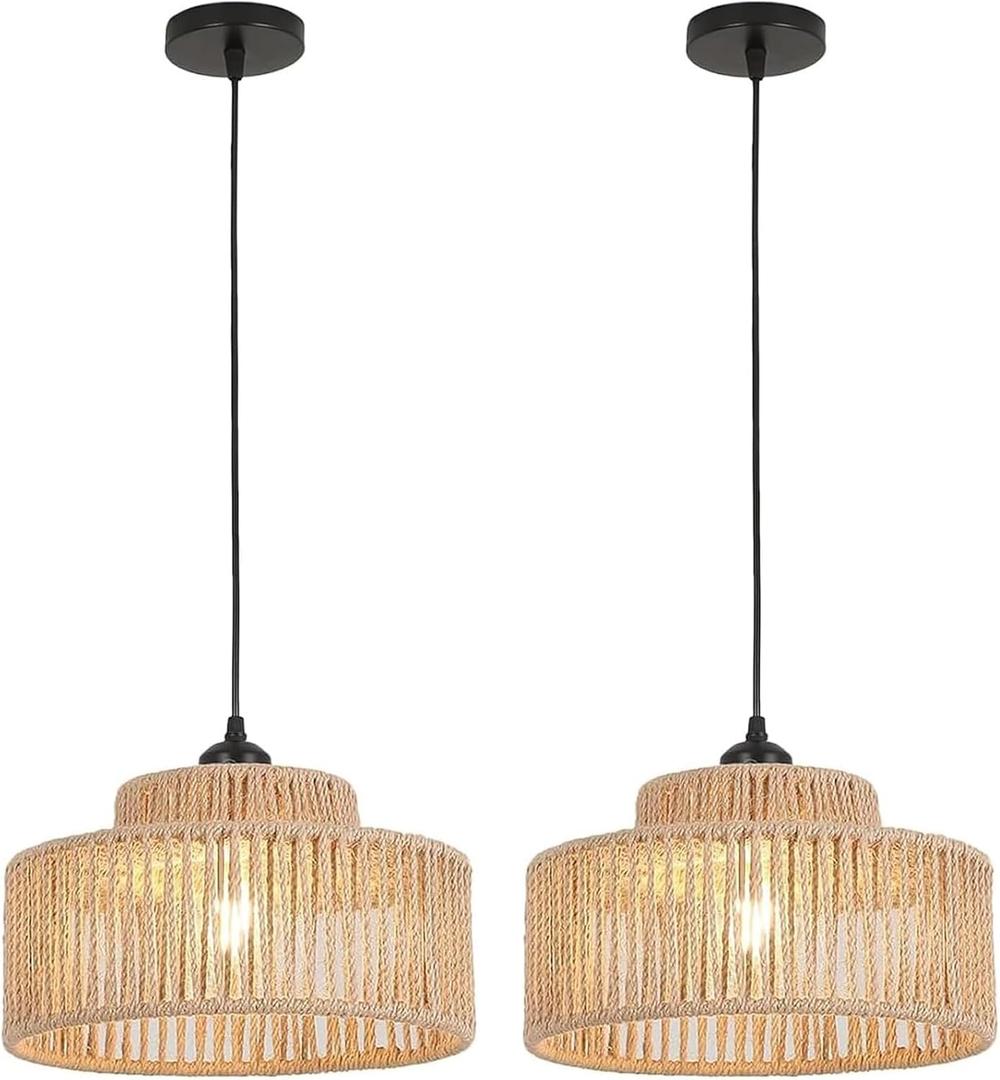 Rattan Pendant Light Set of Two,12.6 Inch Boho Kitchen Island light Fixtures,Handmade Woven Hanging Lamp,Wicker Small Chandelier,Coastal Hanging Lights for Bedroom Kitchen Restaurant Hallway Foyer