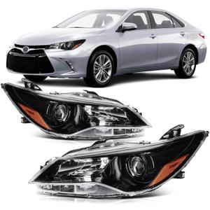 Headlight Assembly Compatible with 2015 2016 2017 Toyota Camry LE SE Halogen Headlamp Replacement, Black Housing Amber Reflector Driver & Passenger Side