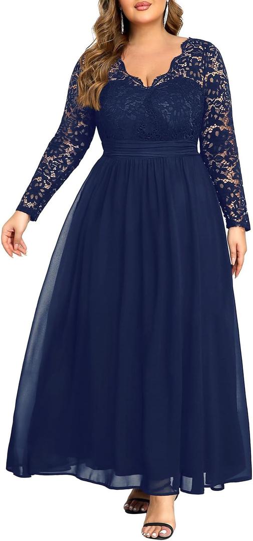 Plus Size Formal Wedding Dresses - Gowns Evening Prom Elegant V Neck Long Sleeve Lace Chiffon Long Maxi Dress, 22 W