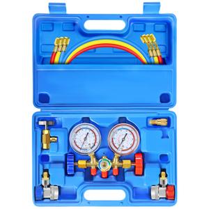 JIFETOR 3 Way AC Manifold Gauge Set, HVAC Diagnostic Charging Tool for Auto Household R404A R134A Refrigerant, with 5FT Hose, Adjustable Quick Coupler, Can Tap and Adapter