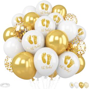 Baby Shower Foot Print Balloons, 30Pcs 12inch Gold White Balloons With Baby Foot Printed Balloon for Neutral Baby Shower Gender Reveal Birthday Wedding Decorations