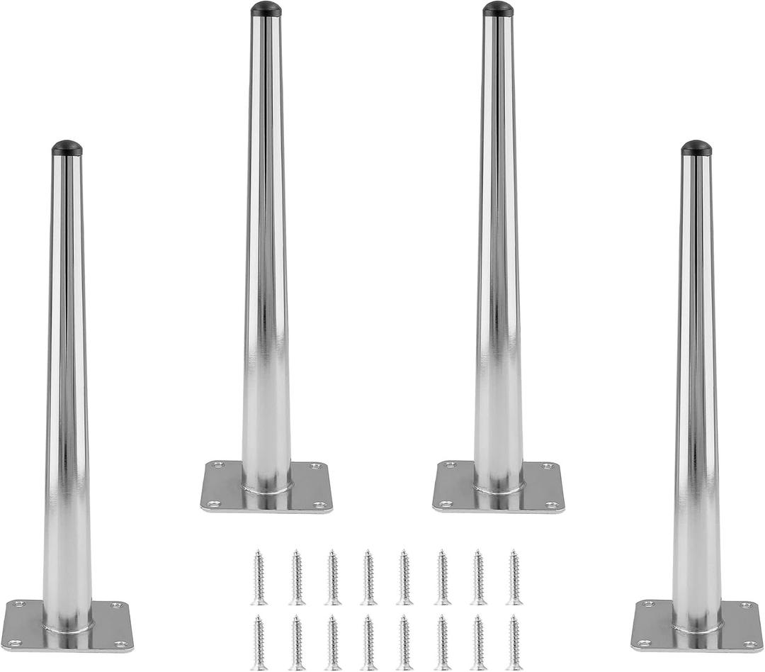 4pcs 12 Inch Furniture Legs, Straight Conical Metal Legs Chrome Mid-Century Style Furniture Feet for Sofa Cabinet Table Chair Cupboard Couch Ottoman Home DIY Projects (Silver)
