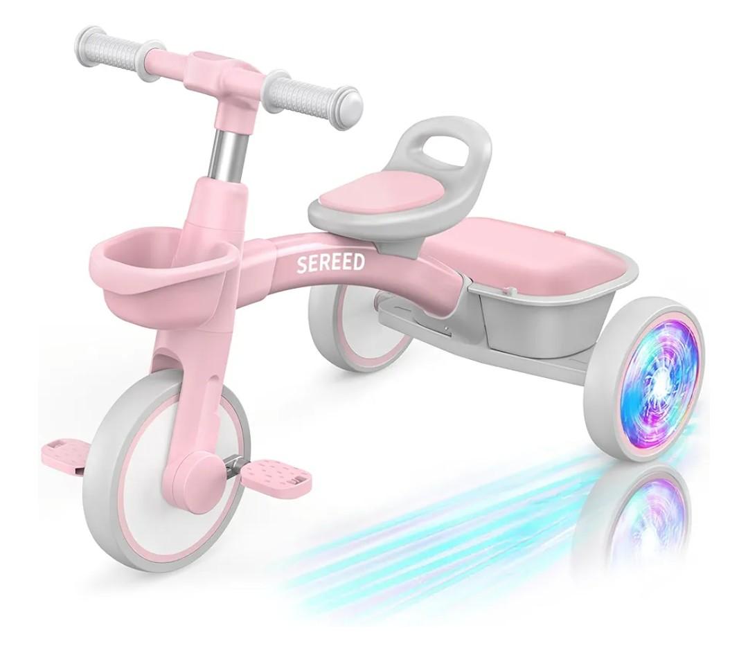 SEREED Colorful Lighting Toddler Tricycle for 2-5 Years Old Girls, Adjustable Seat&Handlebar Trike, Removable Basket, Birthday Gift Idea for Kids Ages 2+ (Pink)