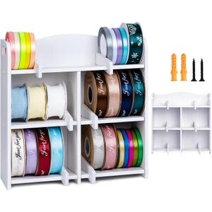 Ribbon Organizer Storage, Wooden Wall-Mounted/Desktop Ribbon Storage Organizer Rack For Craft Room Home Ribbon Holder For Ribbon Up To 4.5", Gift Wrapping Organizer Storage
