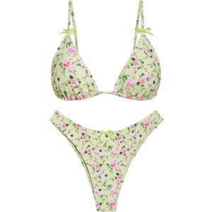 seamoly Women's Bikini Sets Tie Back Bowknot Two Piece Swimsuits Triangle Thong Bathing Suit Gingham Floral Cherry Printing (Green, M)