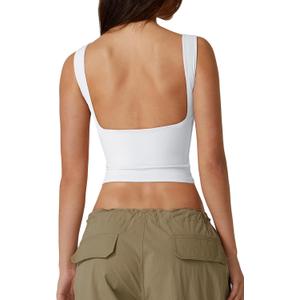 QINSEN Women's Sexy Open Back Sleeveless Crop Tank High Neck Slim Fit Cropped Tee Shirt Y2k Tops (White, L)
