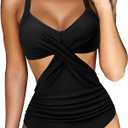 RXRXCOCO Women Front Cross CutOut One Piece Swimsuit Tummy Control High Waisted Monokini Bathing Suit (Large, 13 Black)