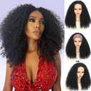 20 Inch Kinky Curly Half Wig, 3-in-1 Upgrade Synthetic Half Wig with Drawstring, 210% Density Seamless Clip-In & Flip-Over Headband Wig for Women, Wear and Go Beginner Friendly, Natural Black