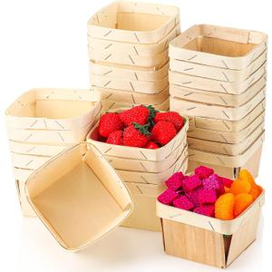 Unittype 30 Pcs Wood One Pint Wooden Fruit Strawberry Berry Basket Bulk 4 x 4 x 2.5 Inch Small Square Vented Container Boxes for Food Storage and Party Arts Crafts Decor (Fruit)