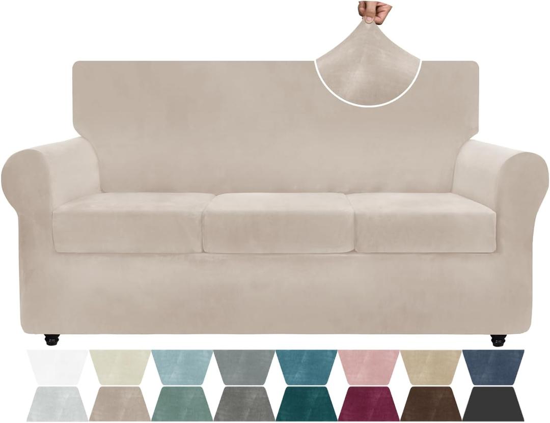 ZNSAYOTX Luxury Velvet Couch Cover 4 Piece (72"-92") Stretch Sofa Covers for 3 Cushion Couch Thick Soft Sofa Slipcover with Non Slip Strap, Dog Pet Friendly Nice Furniture Protector (Khaki)