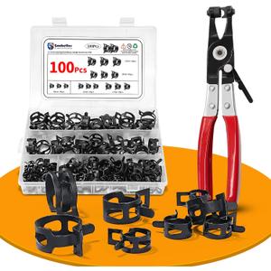 100Pcs Spring Hose Clamps 10-21mm 5 Sizes, Fuel Line Water Pipe Air Tube Silicone Vacuum Clamp with Pliers, Low Pressure Durable Fastener for Automotive & Plumbing