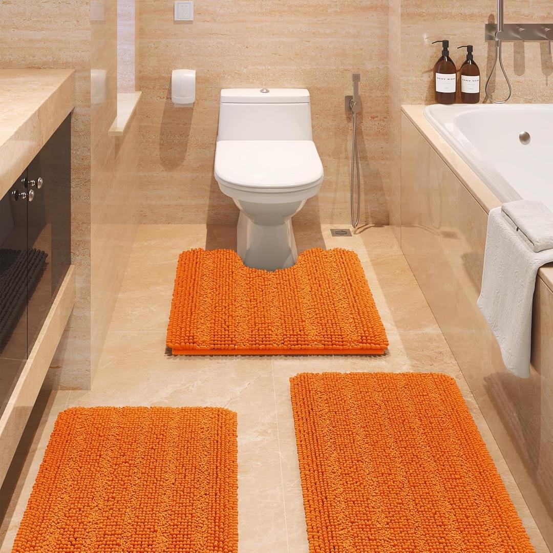 ACCUMTEK Striped Orange Bathroom Rug Set 3 Pieces Ultra Soft, Non Slip Chenille Toilet Mat, Absorbent Plush Shaggy Bath Mats for Bathroom, Bedroom, Kitchen (2'8"x1'8"+2'1'5"+U Shape 2'x1'8")