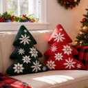 Lanpn Christmas Tree Pillows Set of 2, Christmas Decoration Winter Soft Cute 3D Shaped Xmas Tree Throw Cushion with Snowflake for Sofa Bedroom Xmas Decor (16x18 inch, Red & Green)